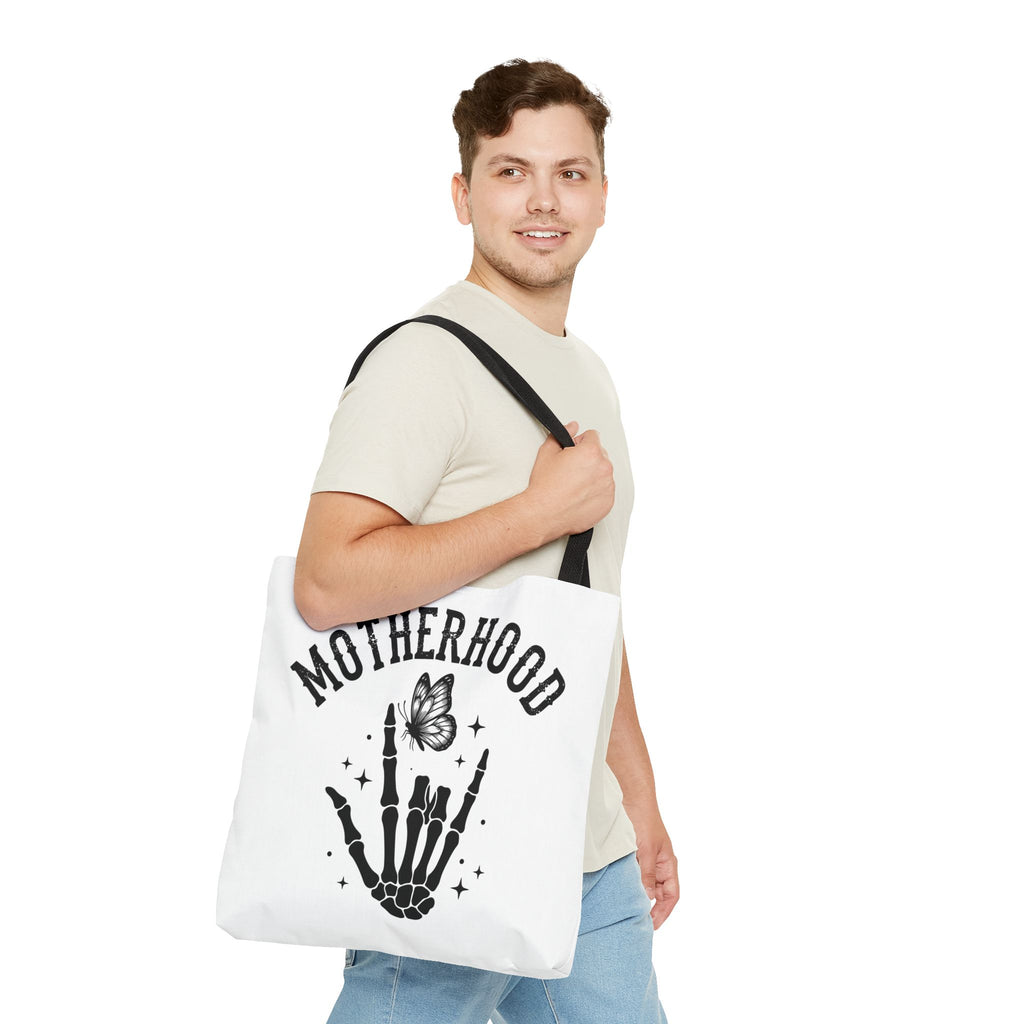 Motherhood Skeleton Tote Bag — Edgy Black & White All-Over Print