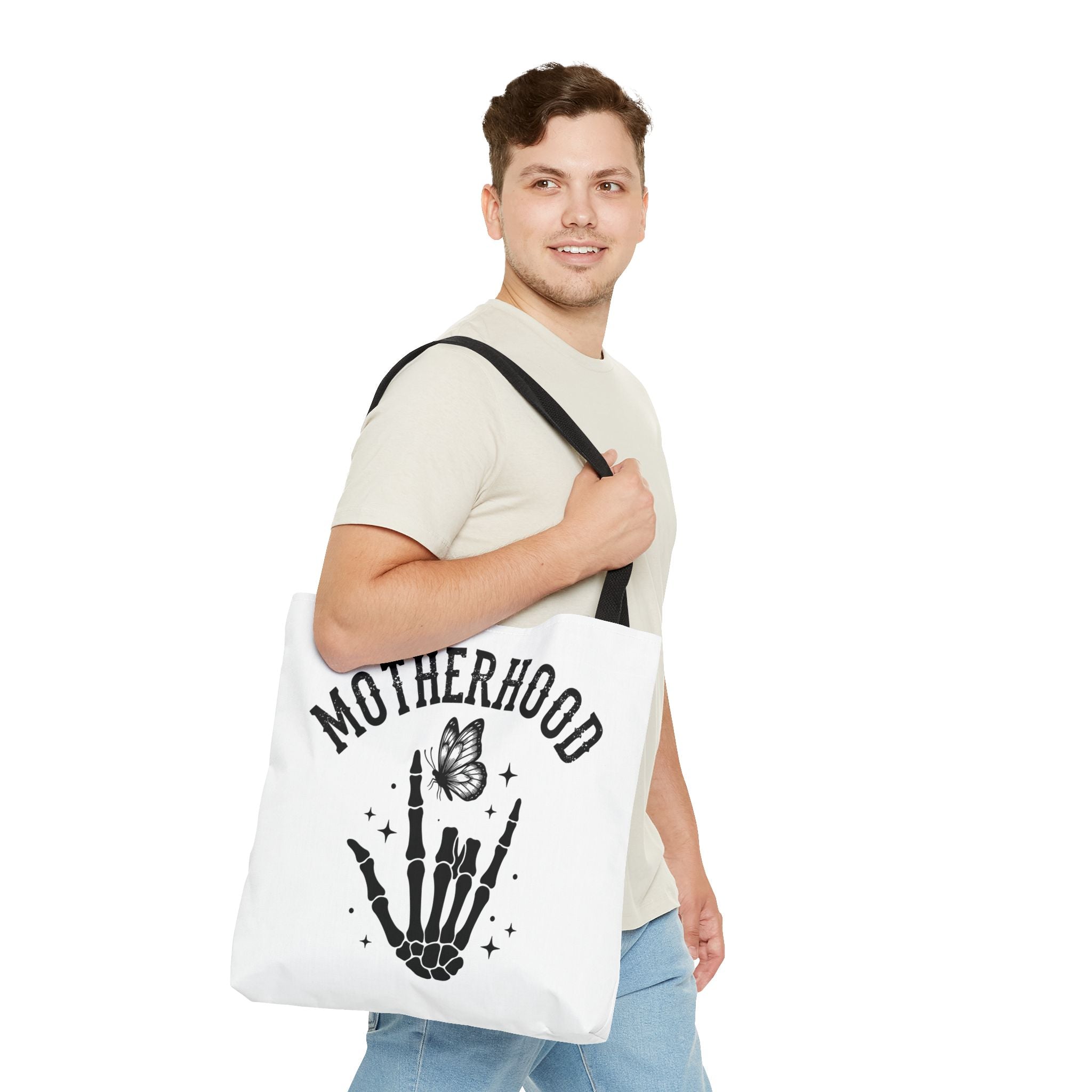 Motherhood Skeleton Tote Bag — Edgy Black & White All-Over Print