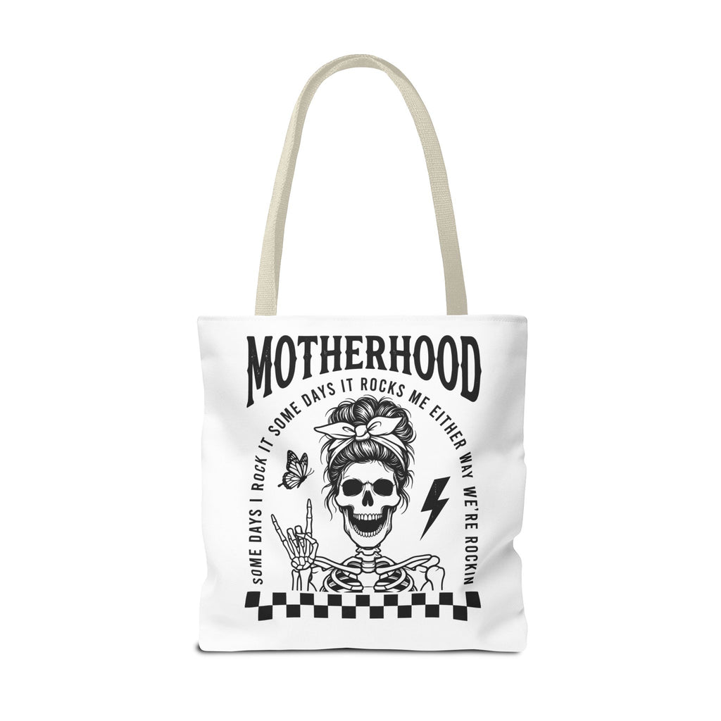 Motherhood Skeleton Tote Bag — Edgy Black & White All-Over Print