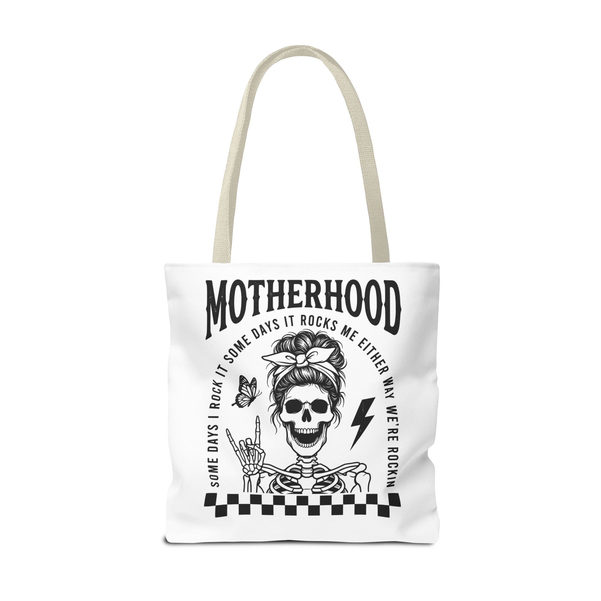 Motherhood Skeleton Tote Bag — Edgy Black & White All-Over Print