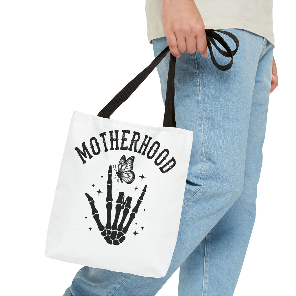Motherhood Skeleton Tote Bag — Edgy Black & White All-Over Print