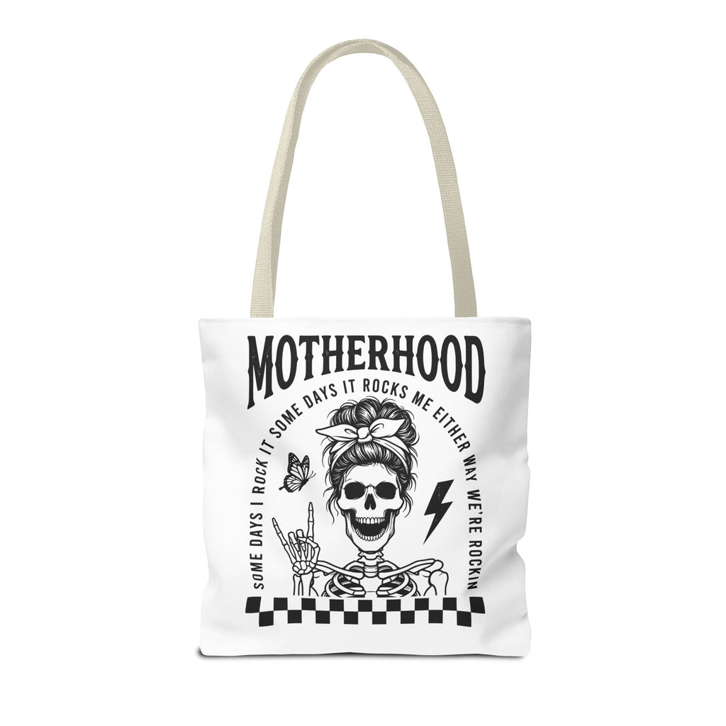 Motherhood Skeleton Tote Bag — Edgy Black & White All-Over Print