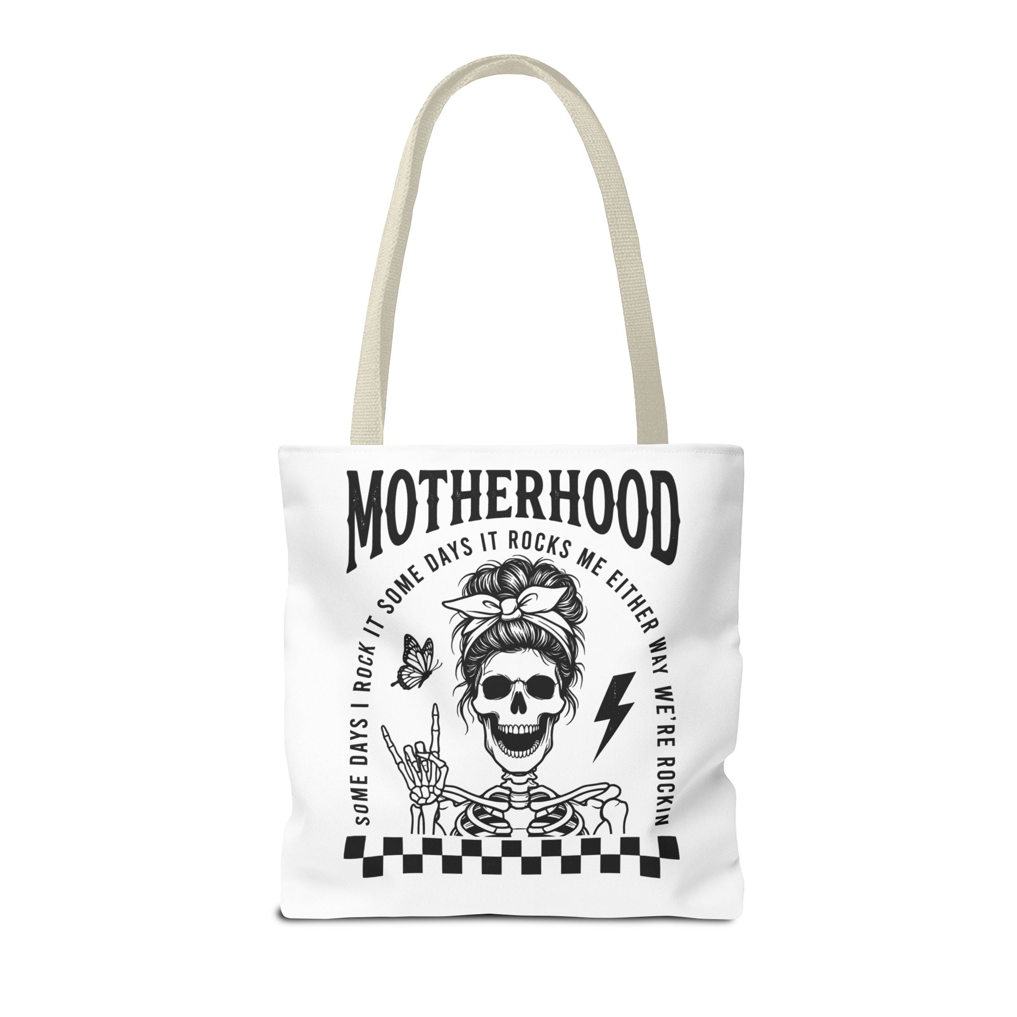 Motherhood Skeleton Tote Bag — Edgy Black & White All-Over Print