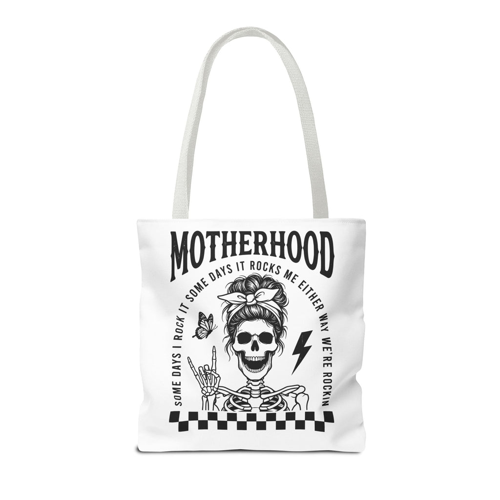 Motherhood Skeleton Tote Bag — Edgy Black & White All-Over Print