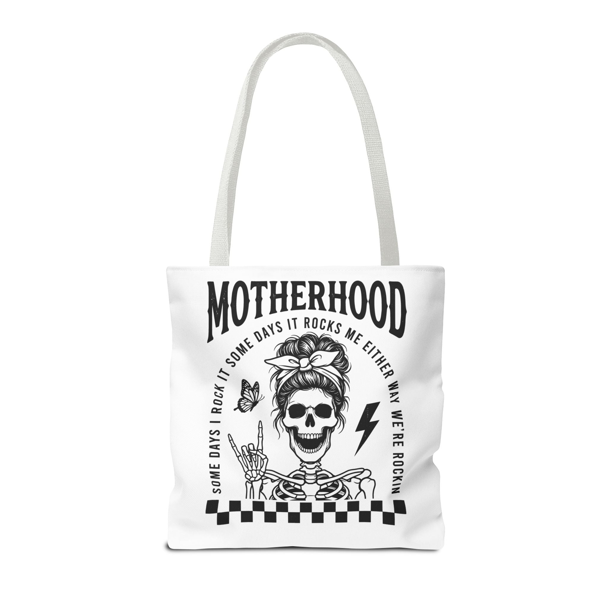 Motherhood Skeleton Tote Bag — Edgy Black & White All-Over Print