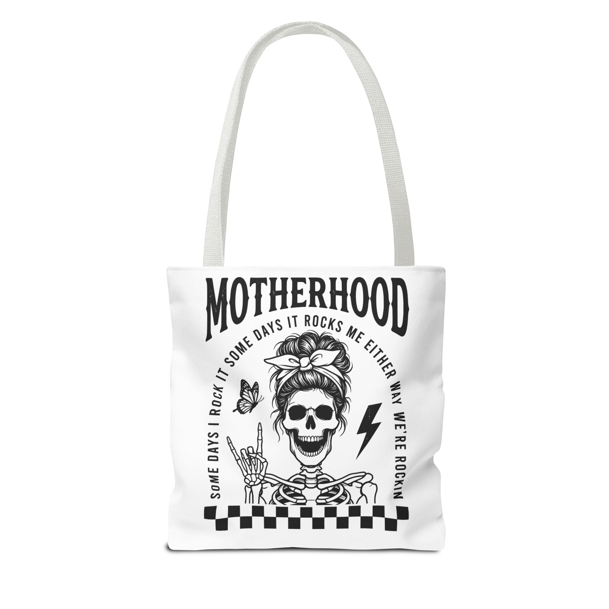 Motherhood Skeleton Tote Bag — Edgy Black & White All-Over Print