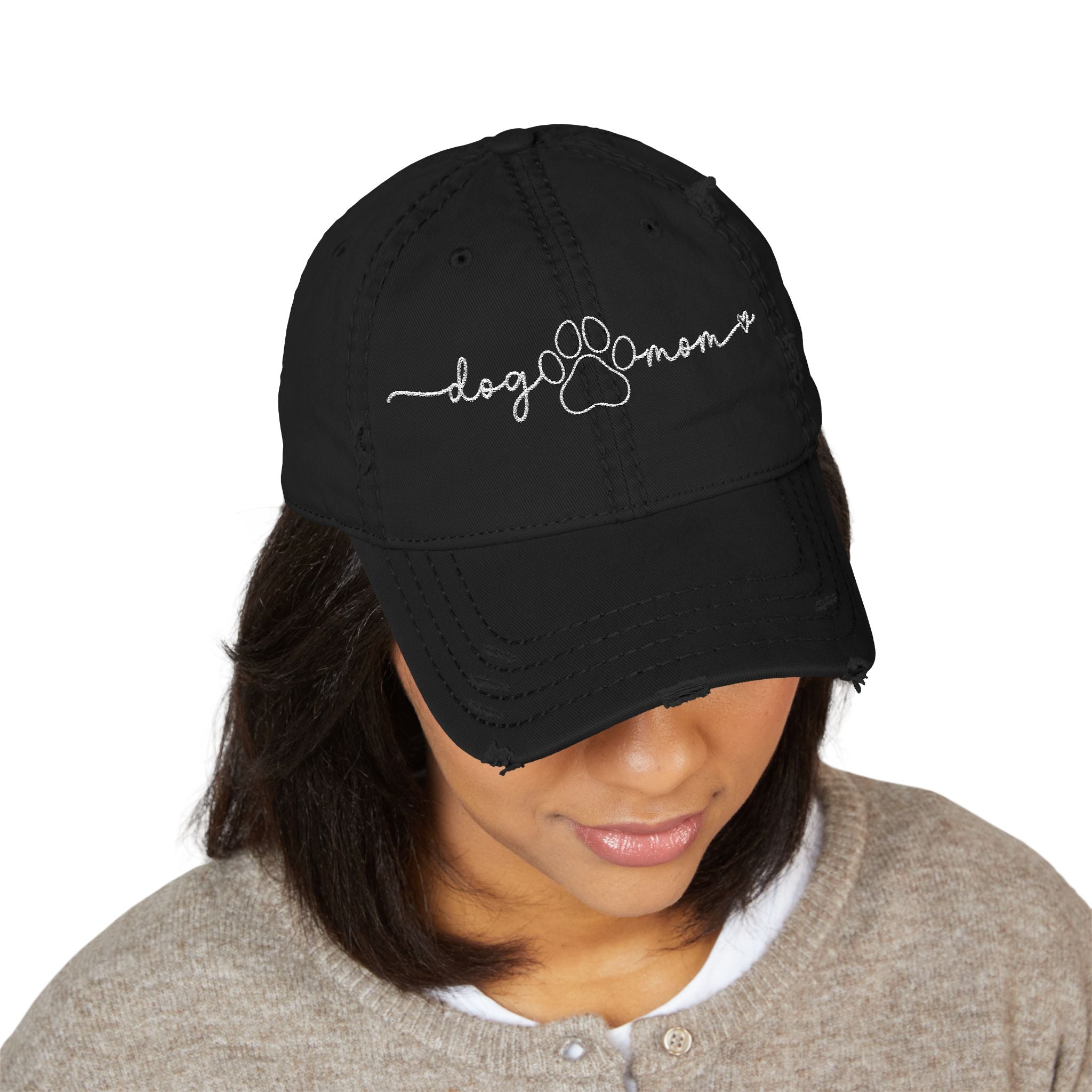 Embroidered "Dog Mom" Distressed Hat