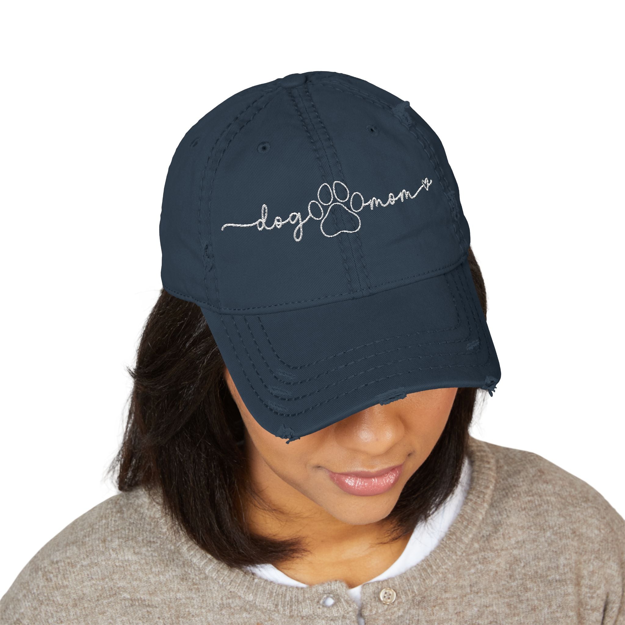 Embroidered "Dog Mom" Distressed Hat