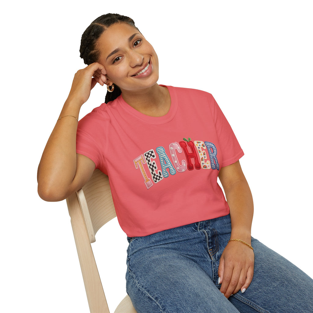 Teacher Colorful Patchwork Letters T-Shirt — Back to School Gift