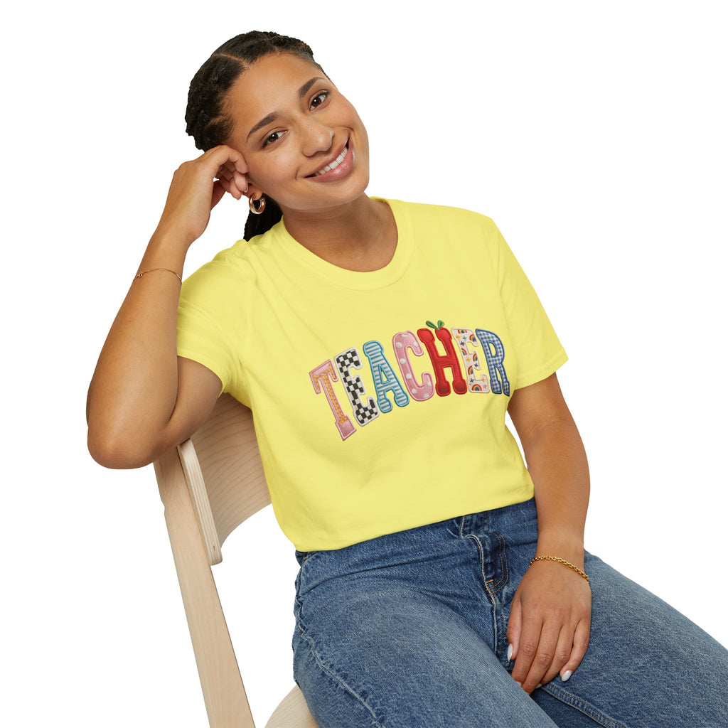 Teacher Colorful Patchwork Letters T-Shirt — Back to School Gift