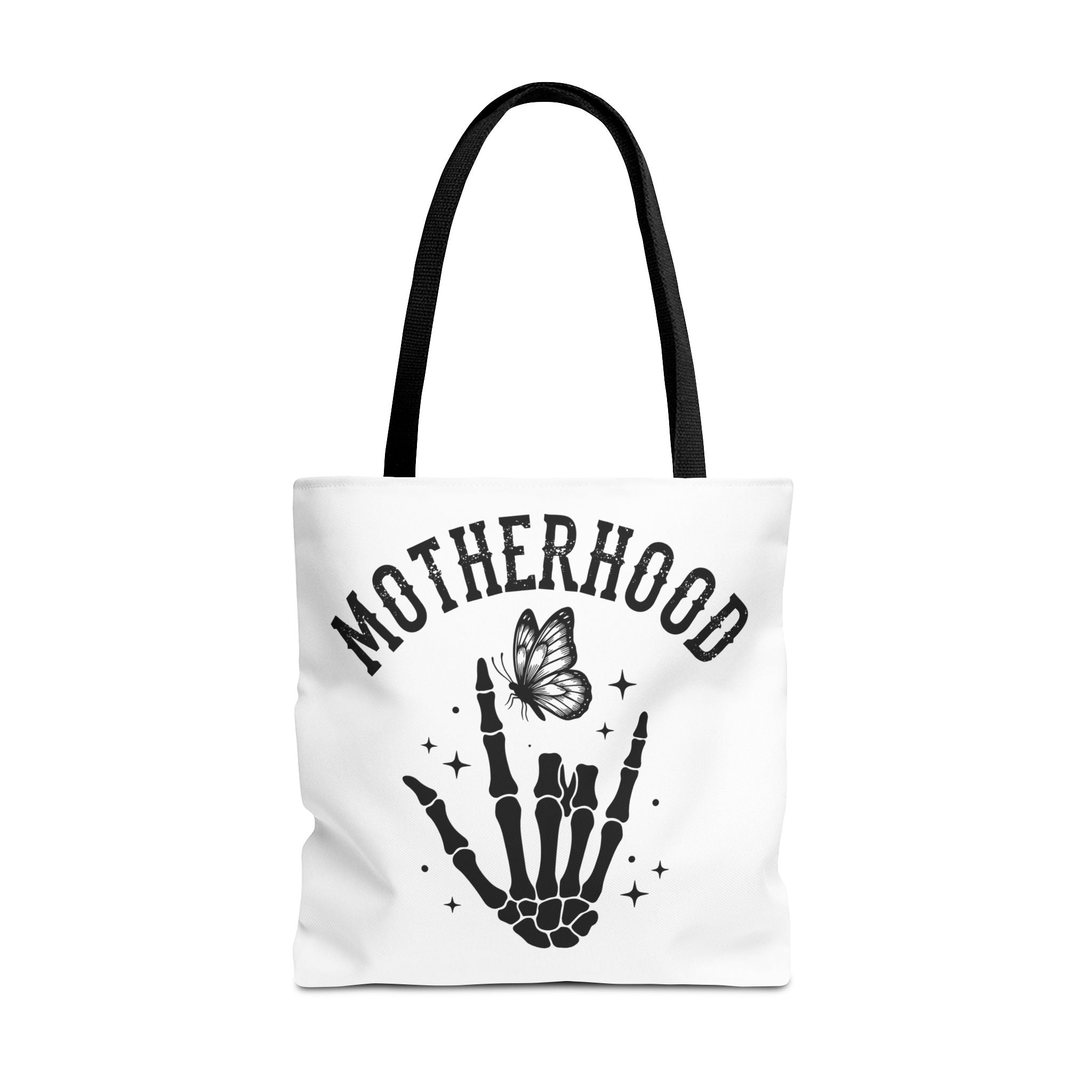 Motherhood Skeleton Tote Bag — Edgy Black & White All-Over Print