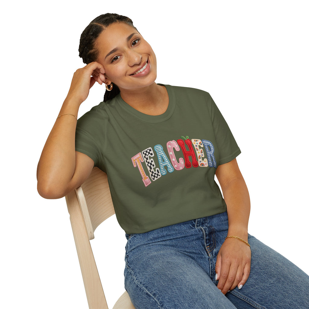 Teacher Colorful Patchwork Letters T-Shirt — Back to School Gift