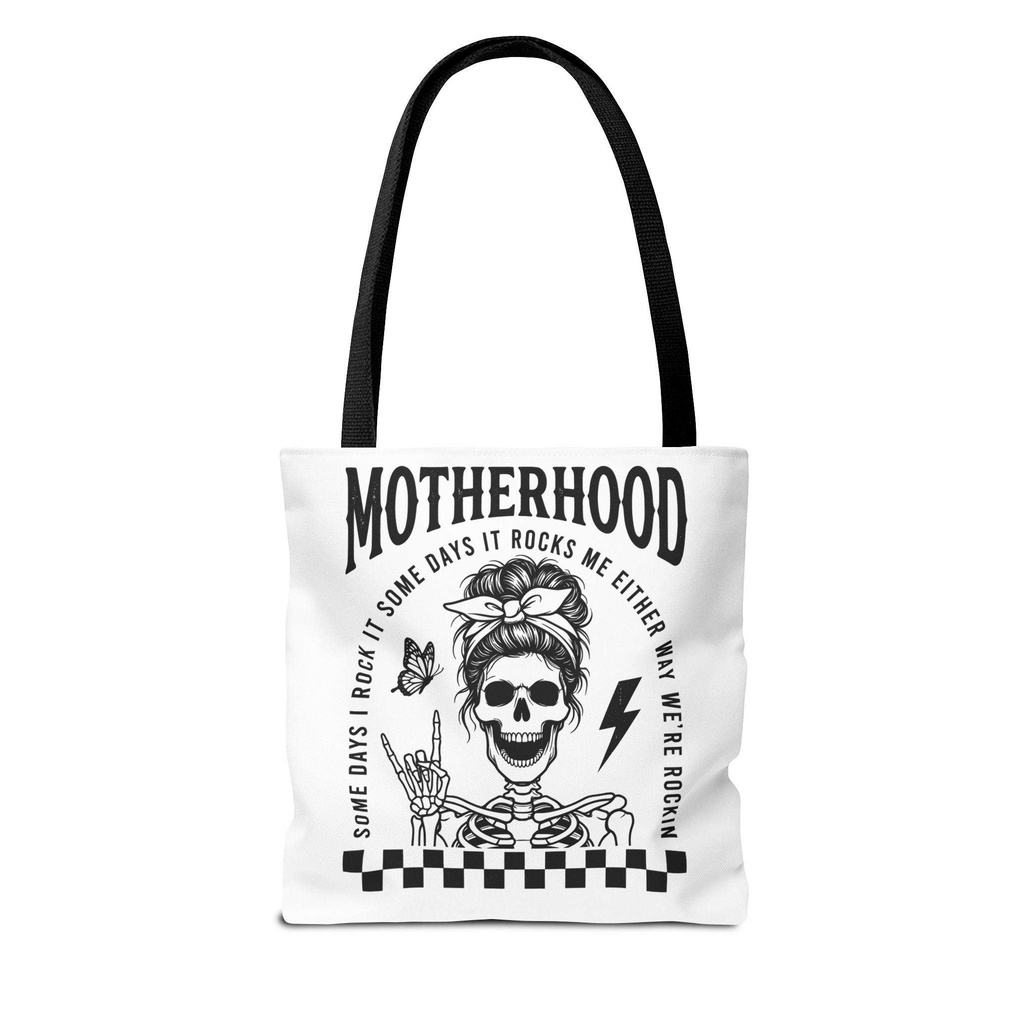 Motherhood Skeleton Tote Bag — Edgy Black & White All-Over Print