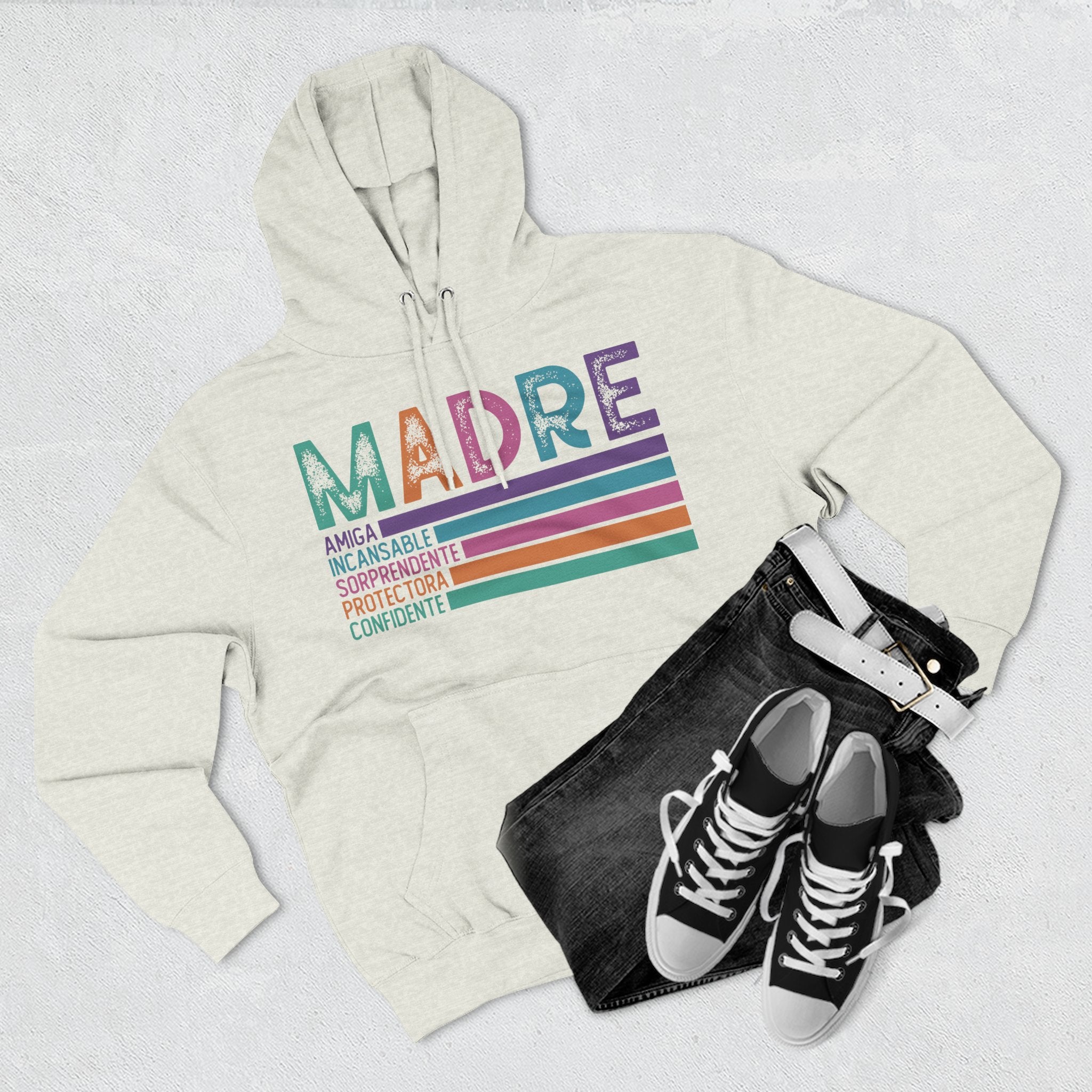 Madre Graphic Hoodie — Colorful Spanish Mother Tribute (Amiga, Protectora, Confidente)