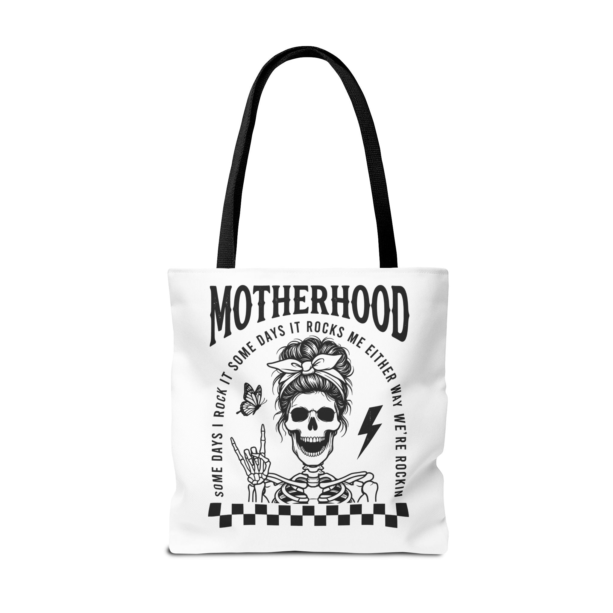 Motherhood Skeleton Tote Bag — Edgy Black & White All-Over Print