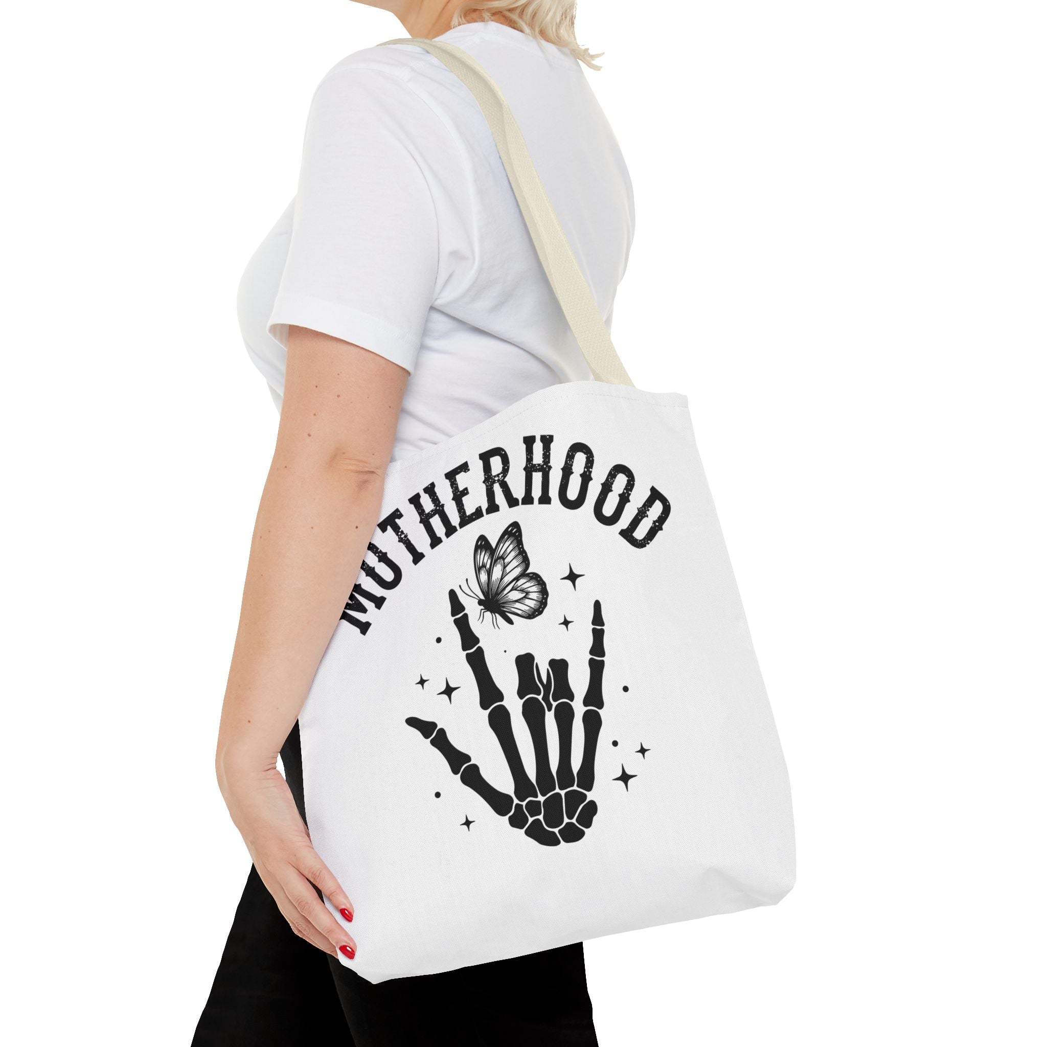 Motherhood Skeleton Tote Bag — Edgy Black & White All-Over Print