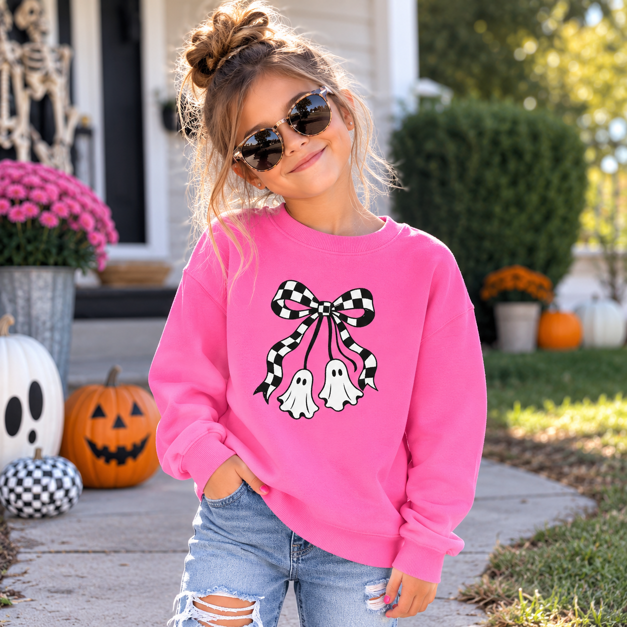Checkered Bow Ghosts Halloween Kids Pullover