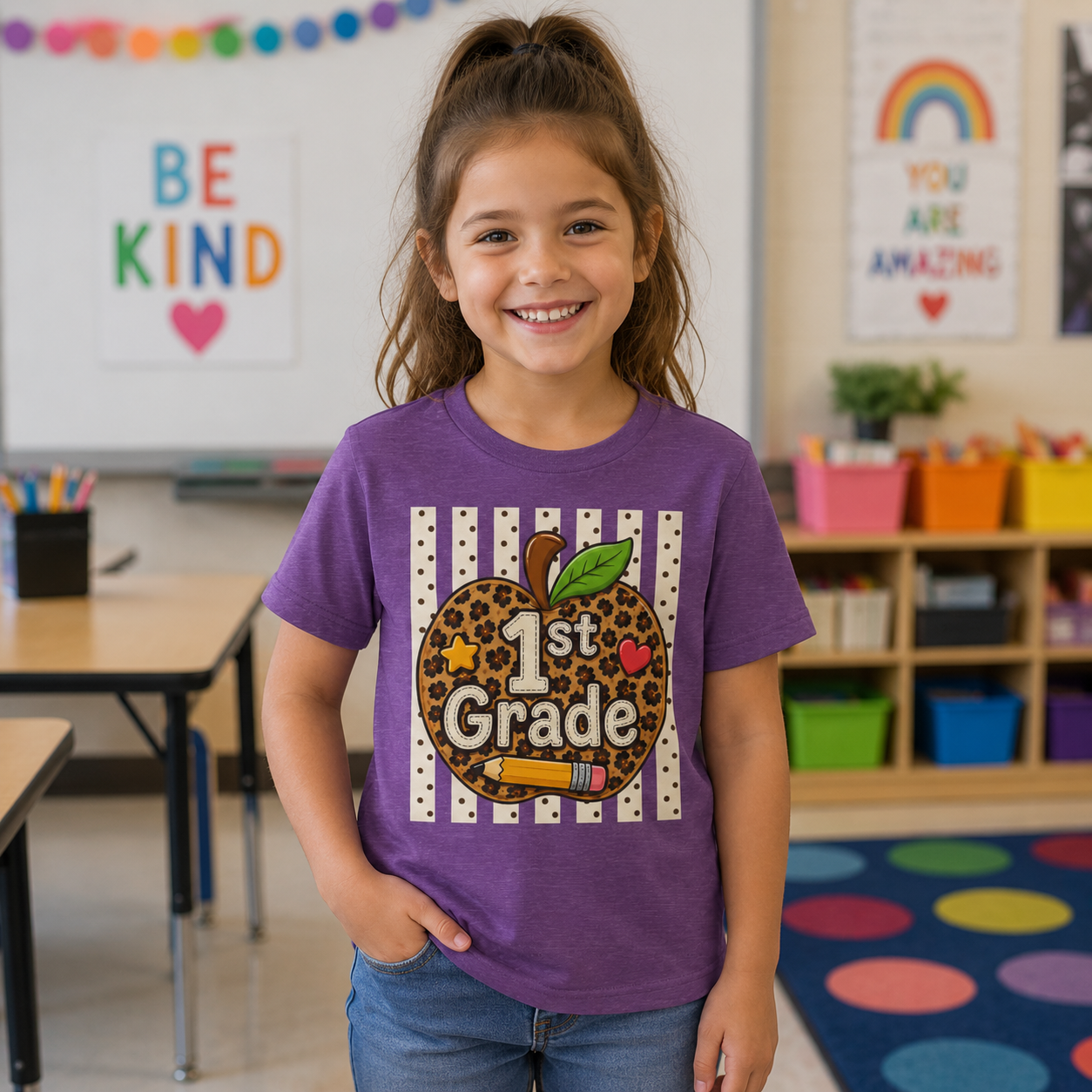 1st Grade Leopard Apple Youth T‑Shirt