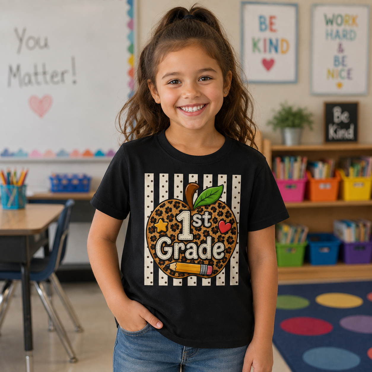1st Grade Leopard Apple Youth T‑Shirt