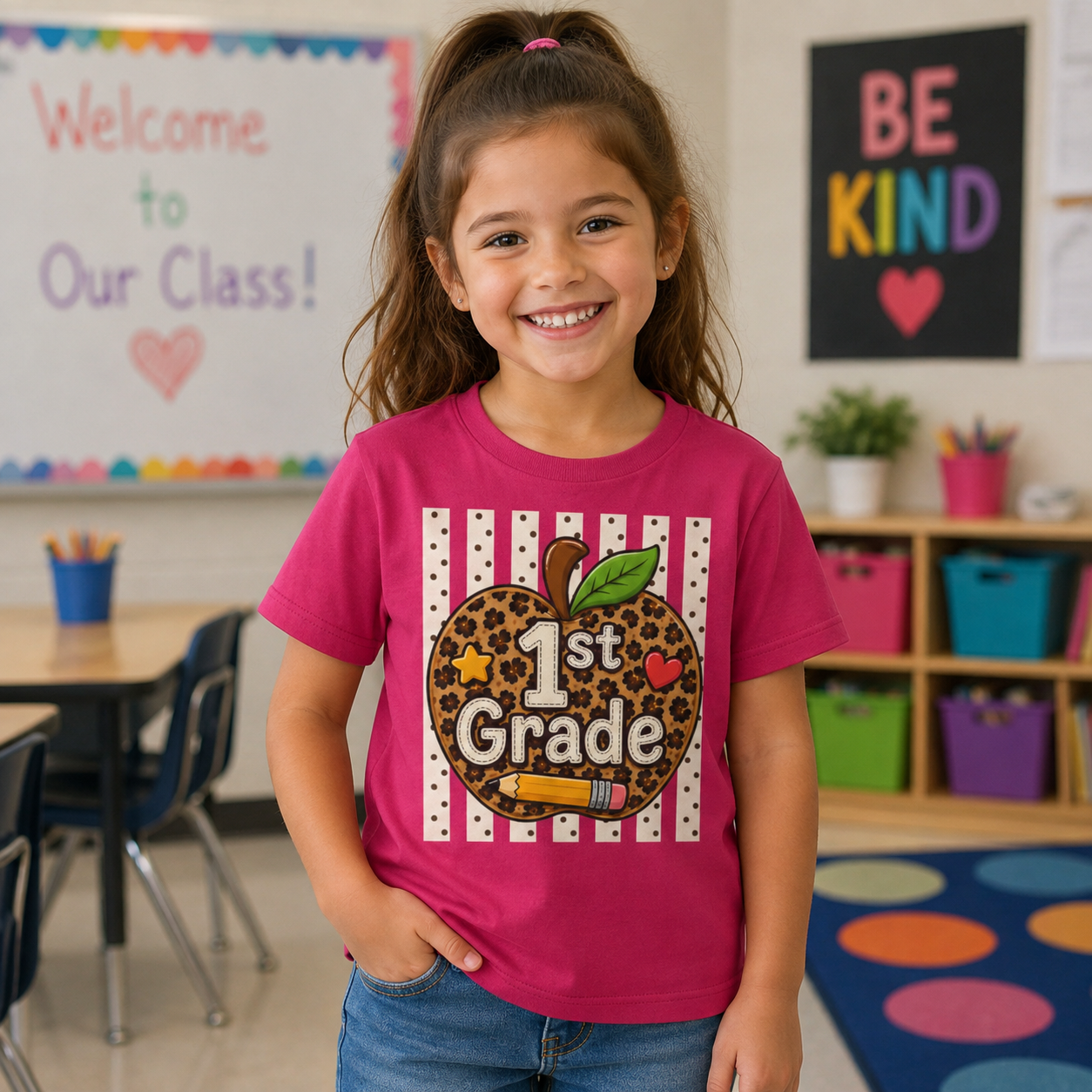 1st Grade Leopard Apple Youth T‑Shirt