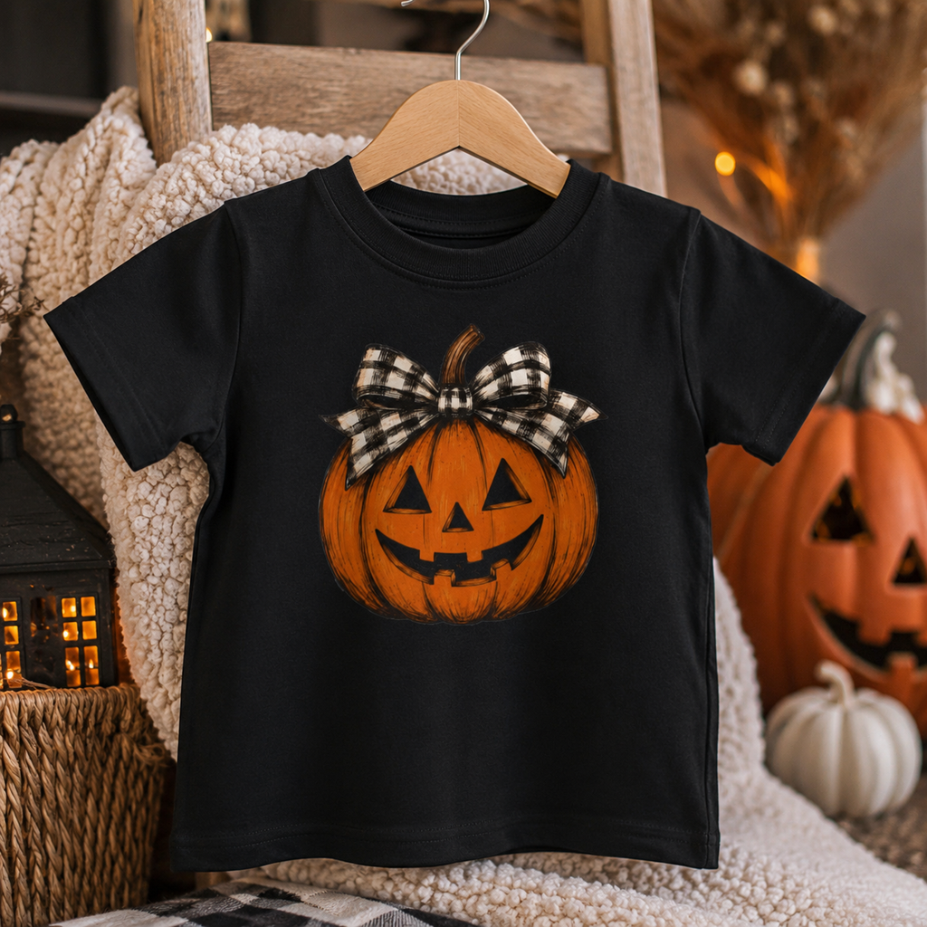 Jack-O'-Lantern with Plaid Bow Youth Graphic Tee