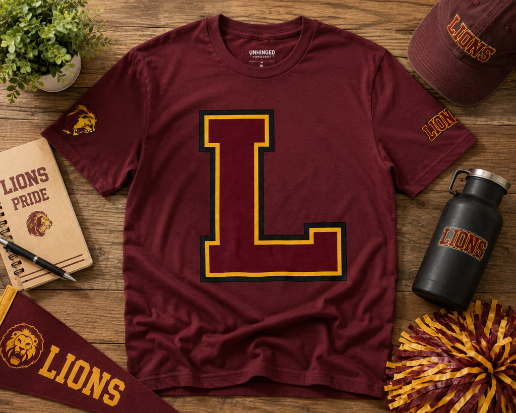Letter L Varsity T-Shirt - LIONS Custom - Order one size bigger to achieve the look as the female shown.