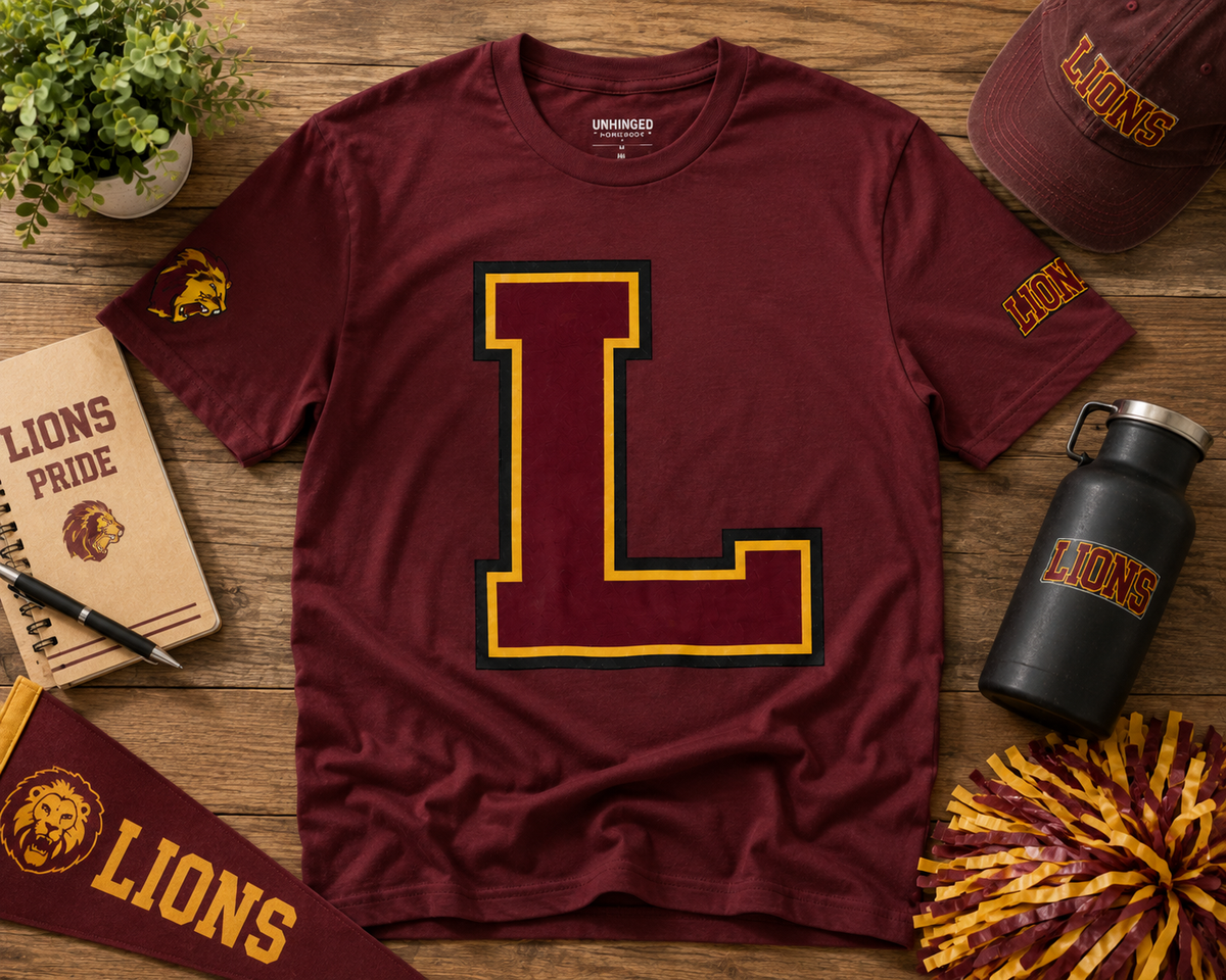 Letter L Varsity T-Shirt - LIONS Custom - Order one size bigger to achieve the look as the female shown.