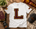 Letter L Varsity T-Shirt - LIONS Custom - Order one size bigger to achieve the look as the female shown.