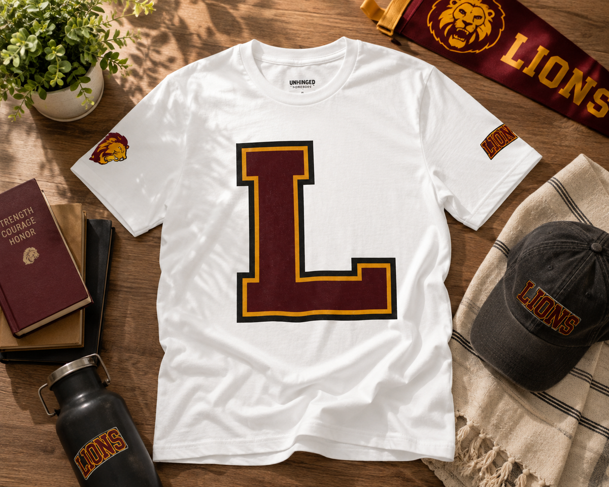 Letter L Varsity T-Shirt - LIONS Custom - Order one size bigger to achieve the look as the female shown.