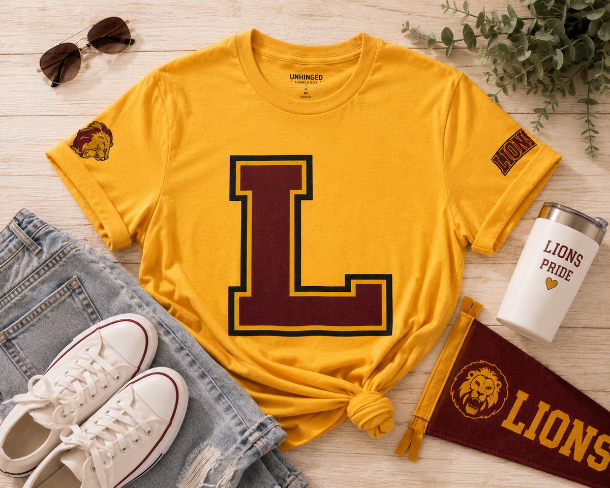 Letter L Varsity T-Shirt - LIONS Custom - Order one size bigger to achieve the look as the female shown.