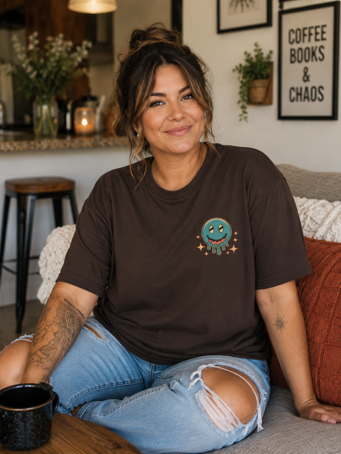 Overstimulated Moms Club Tee — Funny Drippy Smiley Graphic T-Shirt