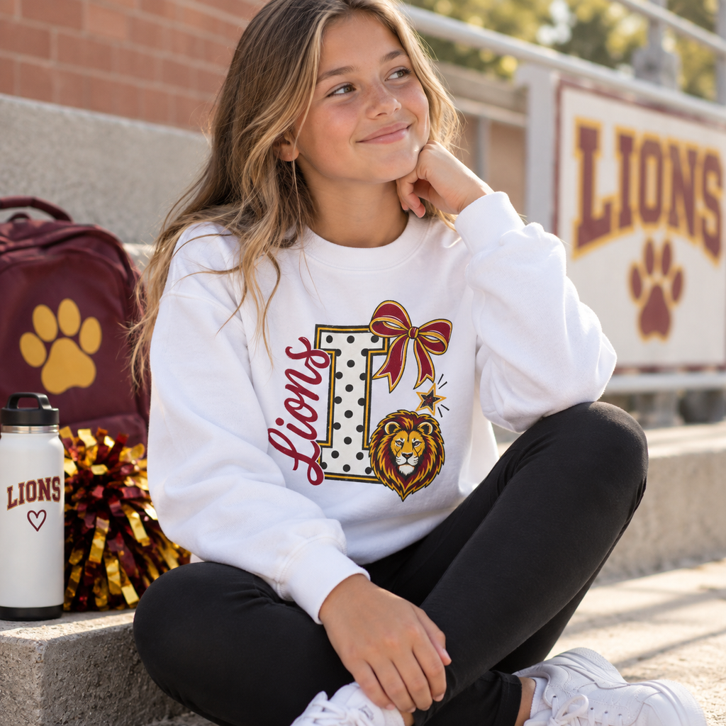 Polka Bow School Spirit (LIONS) Youth Crewneck