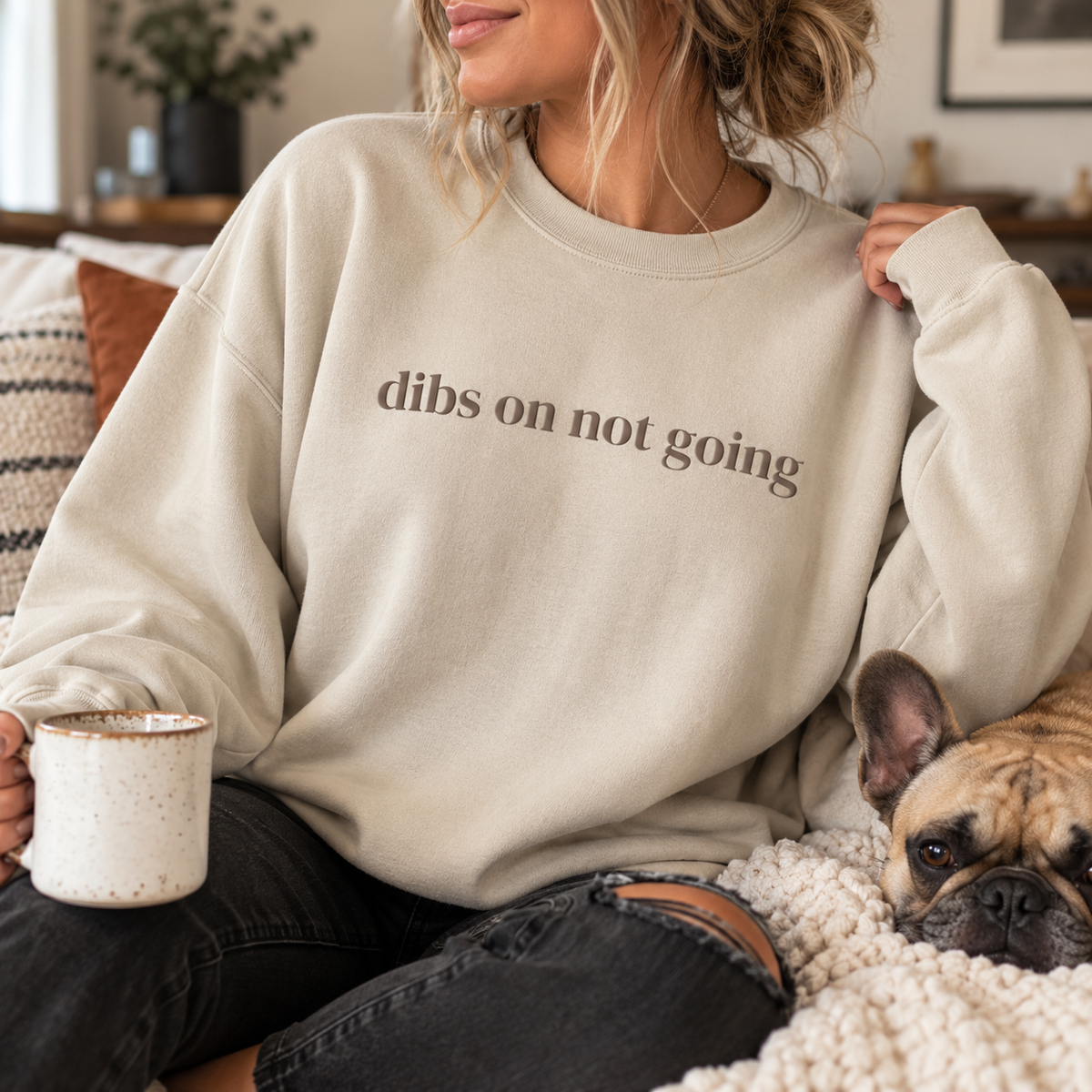 Puff Lettering "dibs on not going" Minimal Graphic Pullover