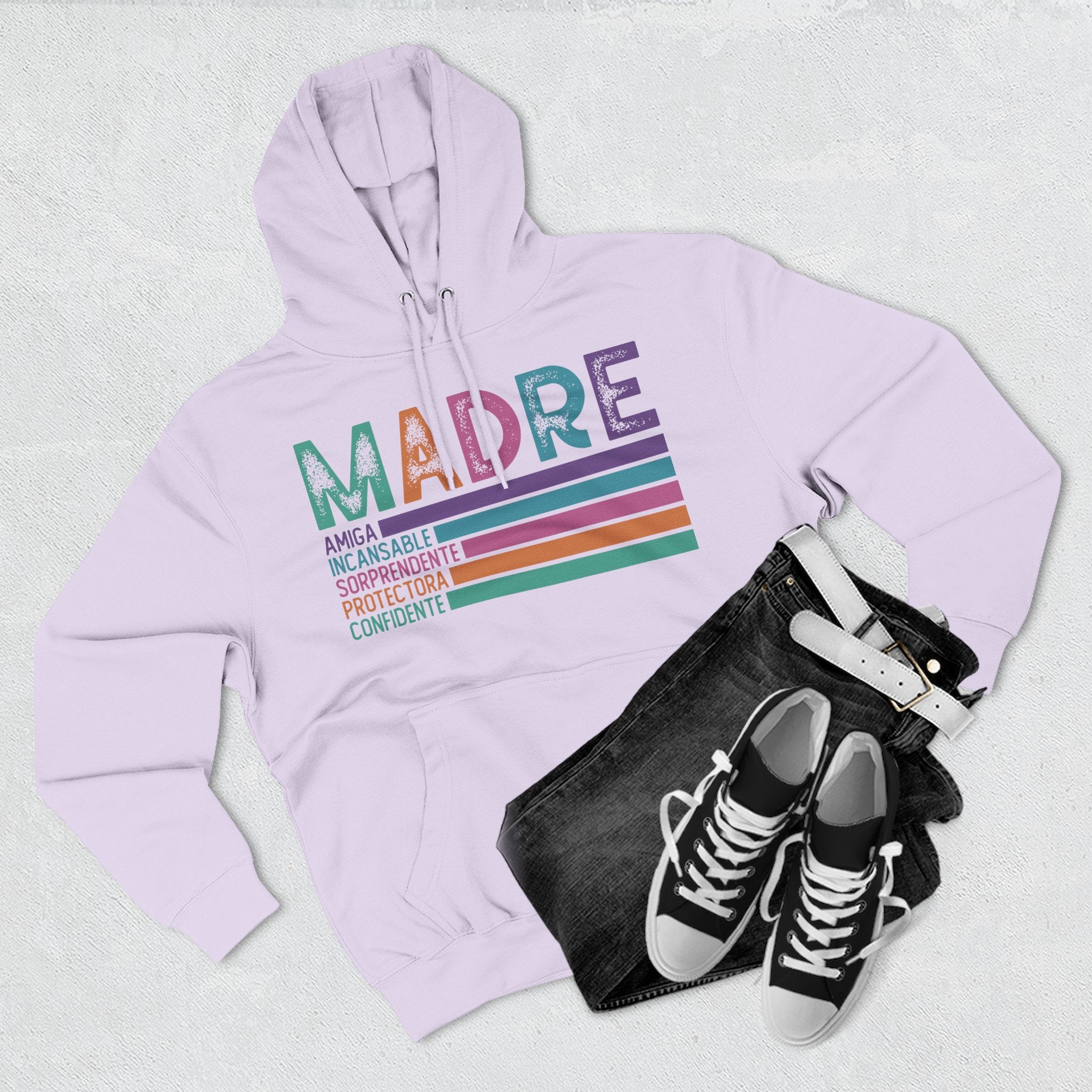 Madre Graphic Hoodie — Colorful Spanish Mother Tribute (Amiga, Protectora, Confidente)