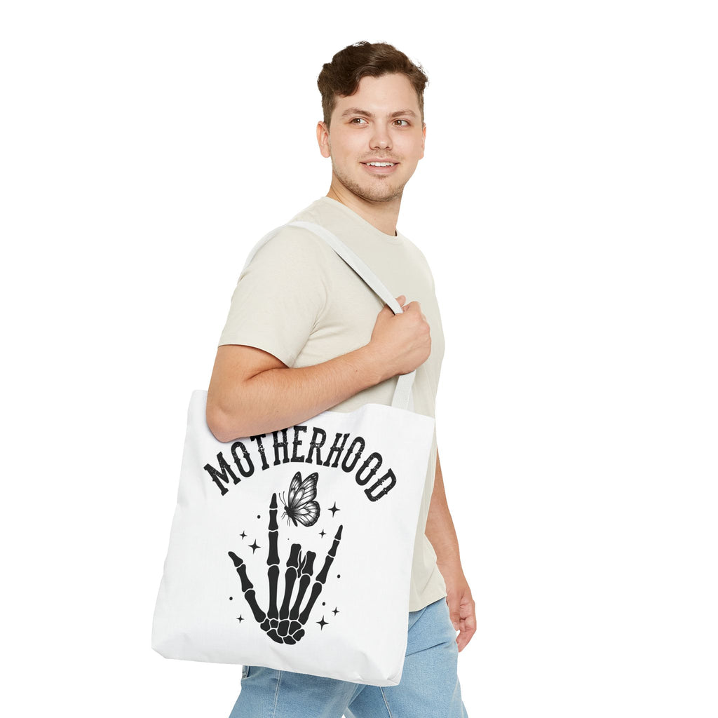 Motherhood Skeleton Tote Bag — Edgy Black & White All-Over Print