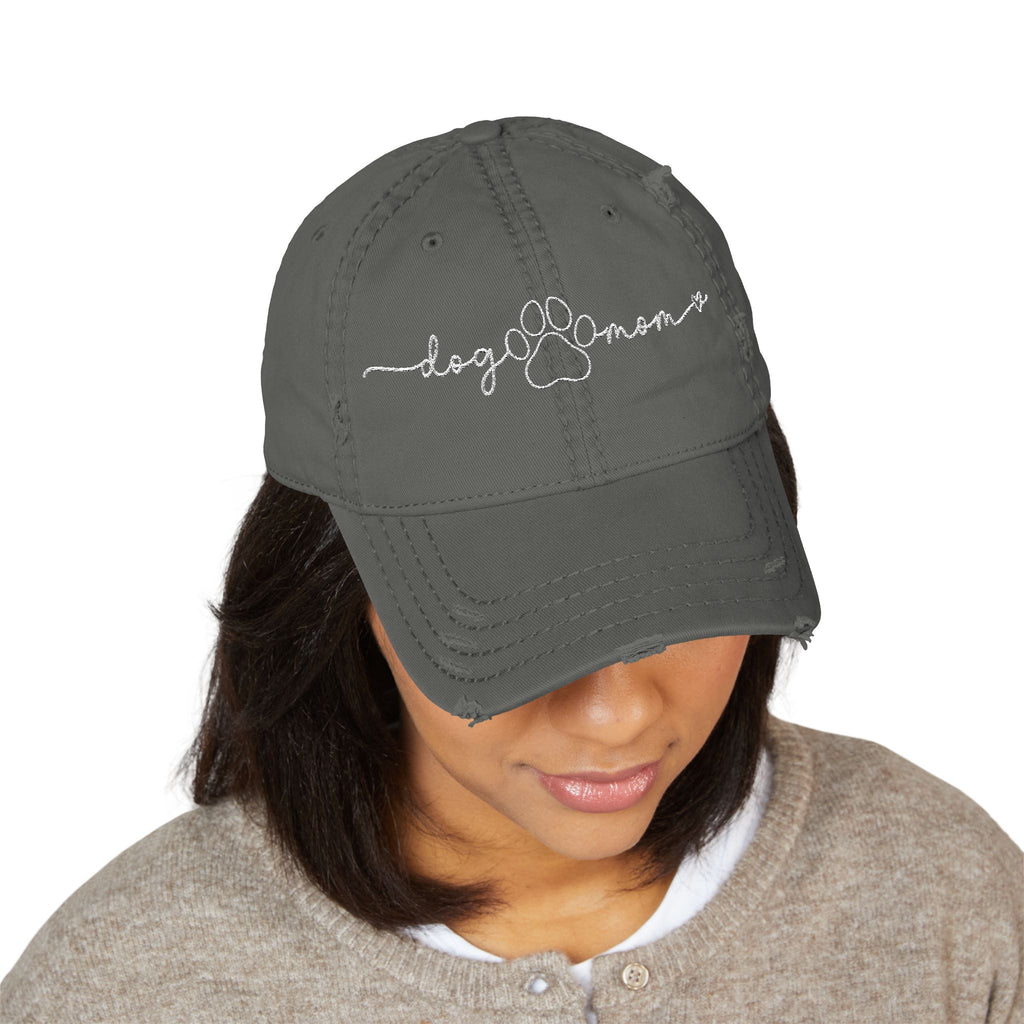 Embroidered "Dog Mom" Distressed Hat