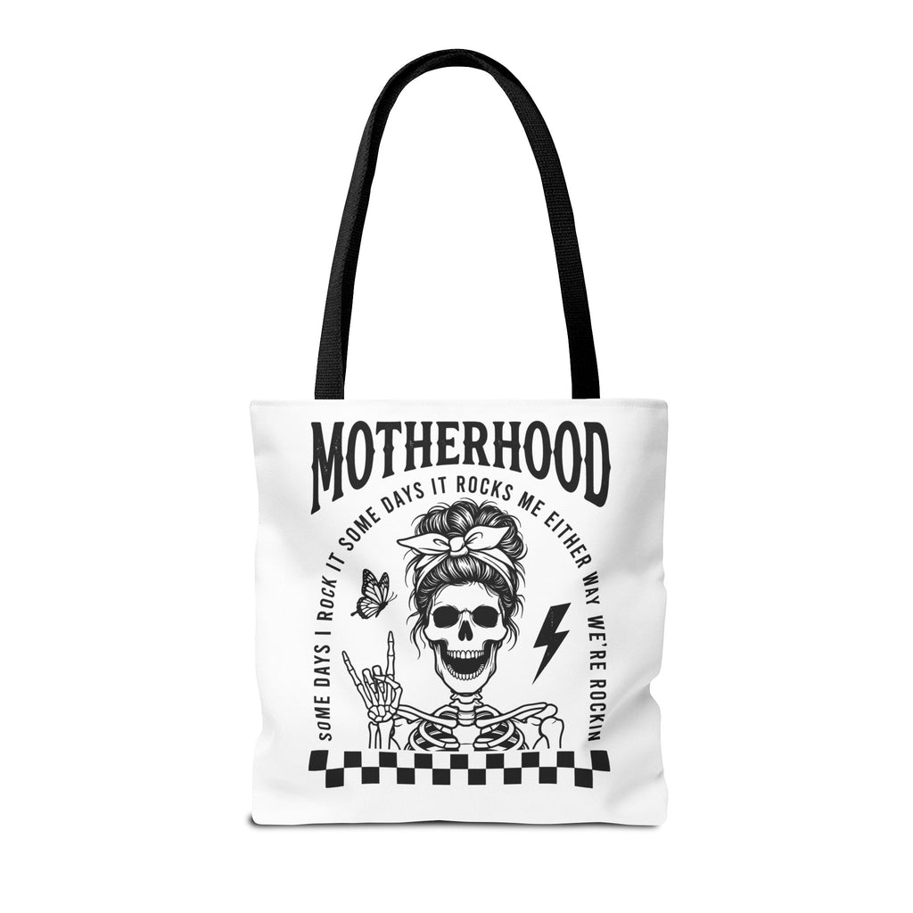 Motherhood Skeleton Tote Bag — Edgy Black & White All-Over Print