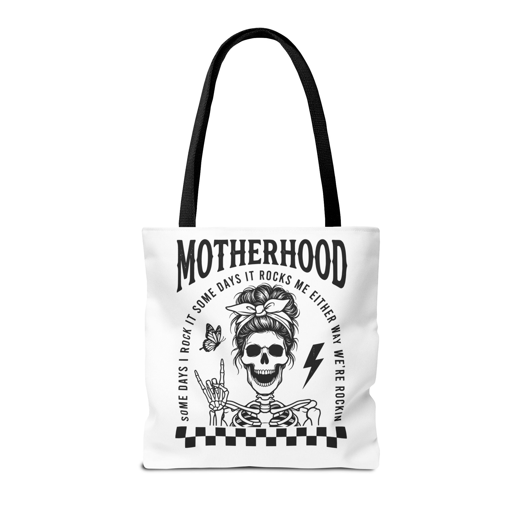 Motherhood Skeleton Tote Bag — Edgy Black & White All-Over Print