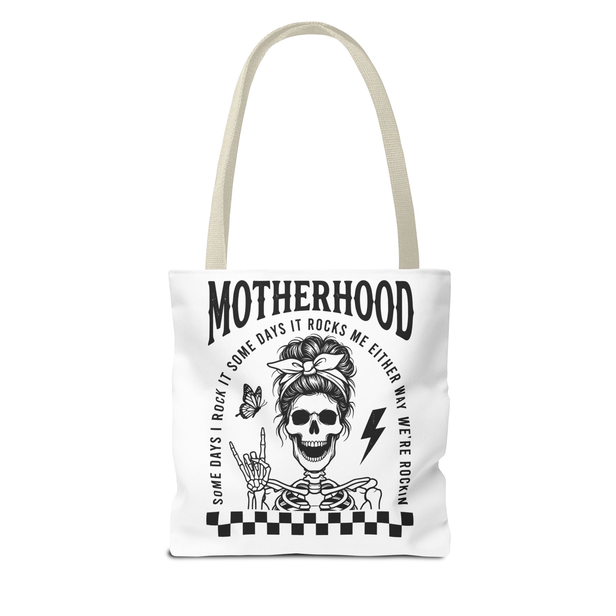 Motherhood Skeleton Tote Bag — Edgy Black & White All-Over Print