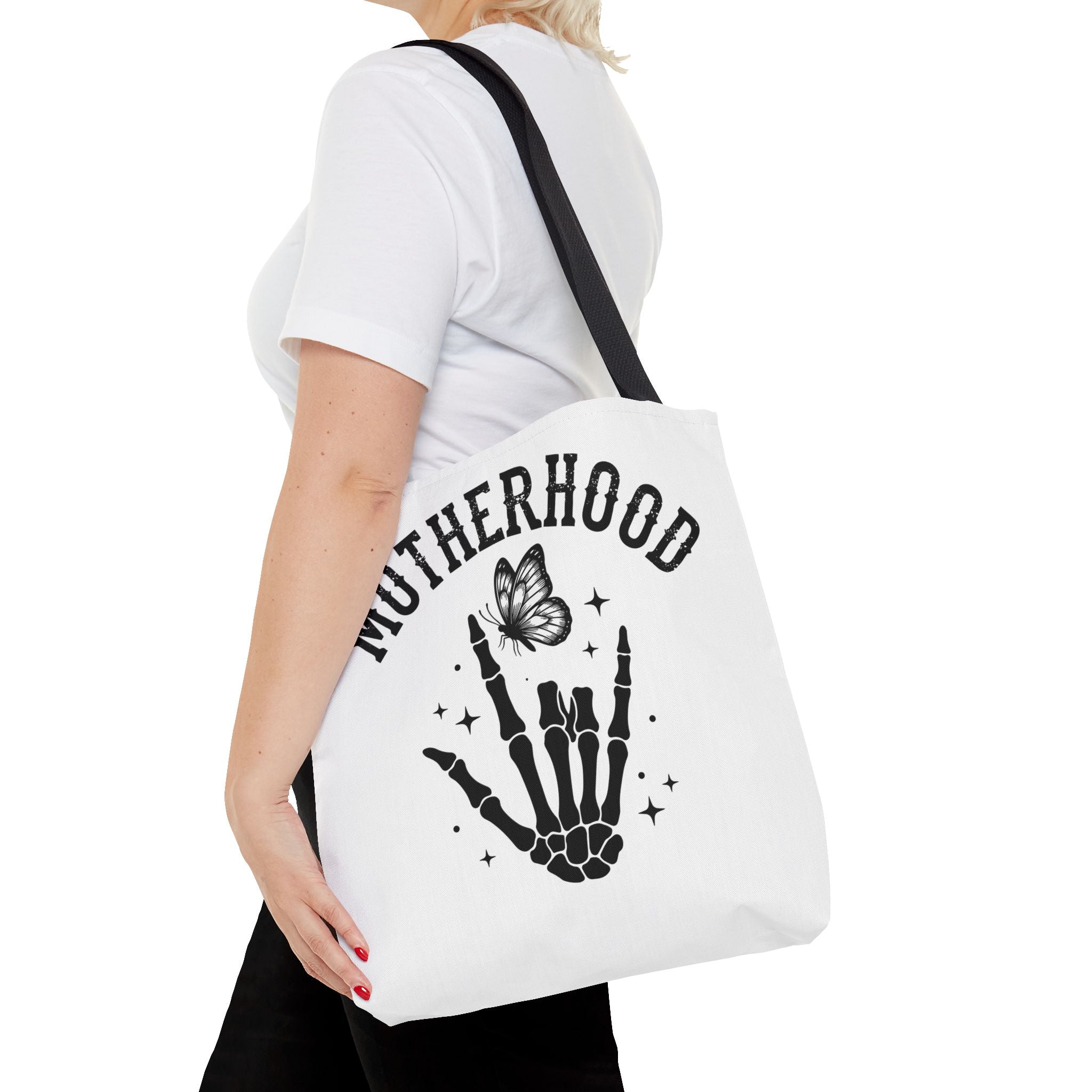 Motherhood Skeleton Tote Bag — Edgy Black & White All-Over Print