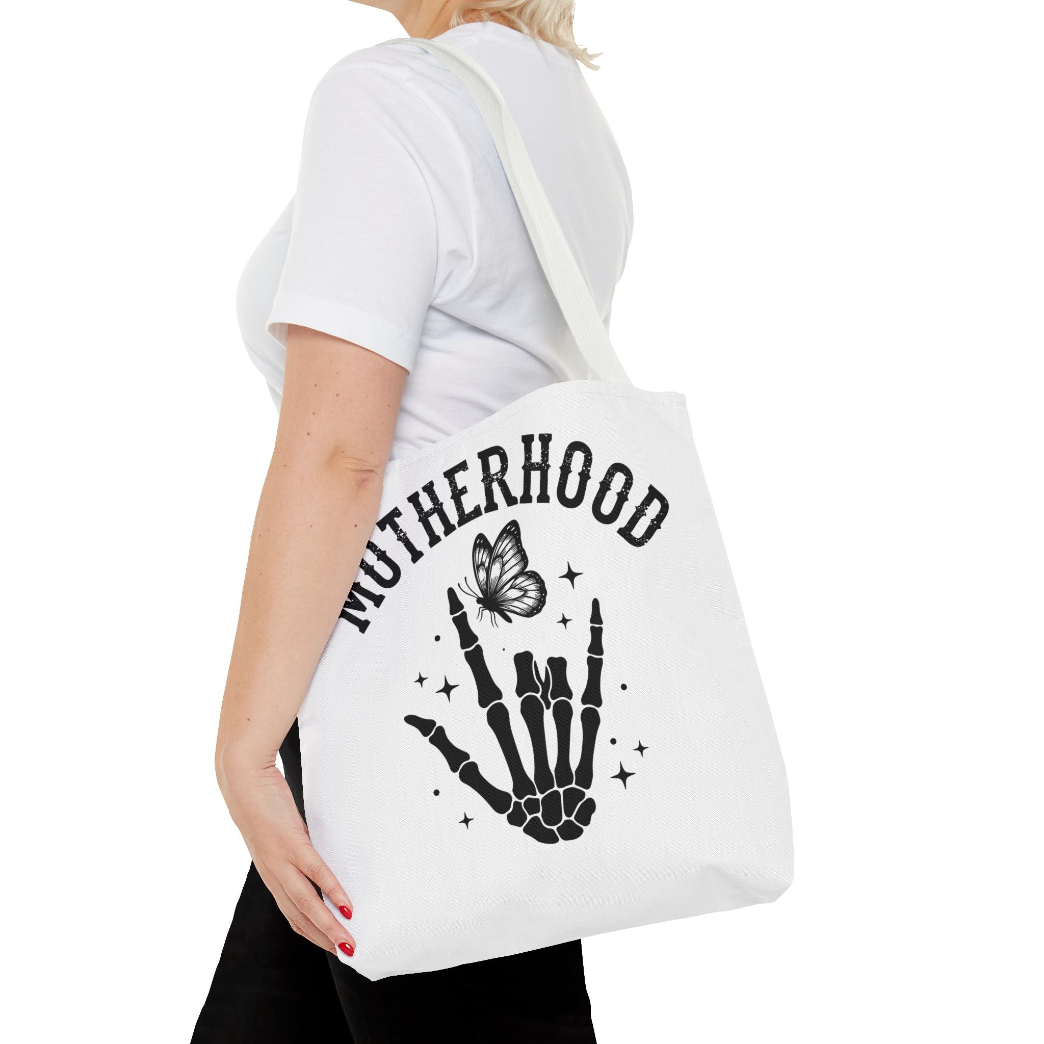 Motherhood Skeleton Tote Bag — Edgy Black & White All-Over Print