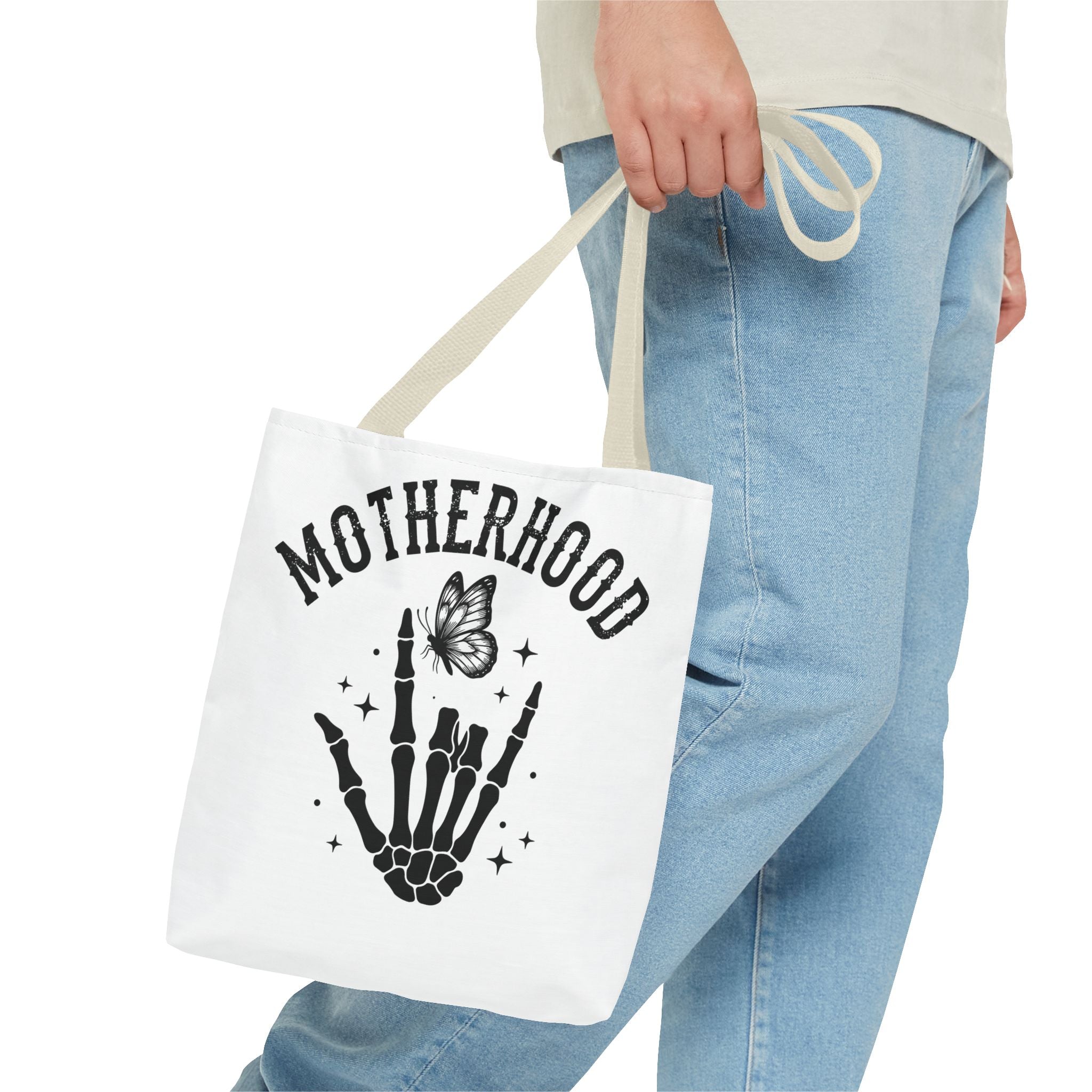 Motherhood Skeleton Tote Bag — Edgy Black & White All-Over Print