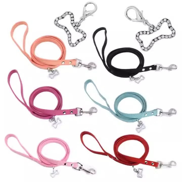 Soft Suede Dog Leash with Rhinestone Bone Charm Pendant