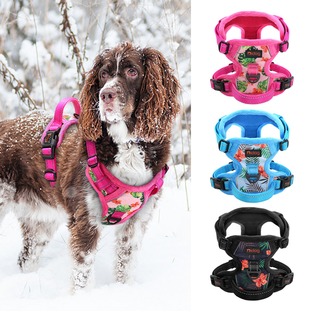 Reflective Padded Dog Harness + Leash Set with Floral Print